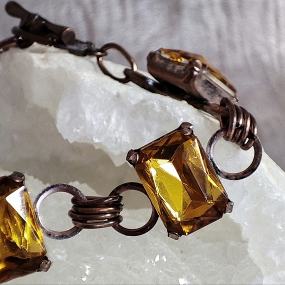 Vintage Link Bracelet Golden Honey Topaz Emerald Cut Stones Toggle Clasp - Picture 3 of 11